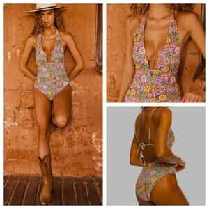 NEW Roxy All About Sol One Piece Swimsuit M Floral Plunge V Neck Hippie Retro